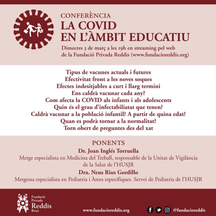 La Fundació Reddis organitza una conferència sobre la COVID-19 adreçada a tots els docents del territori